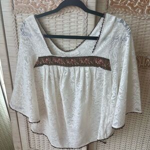 LIZ LISA White Lace Blouse with Brown Accents